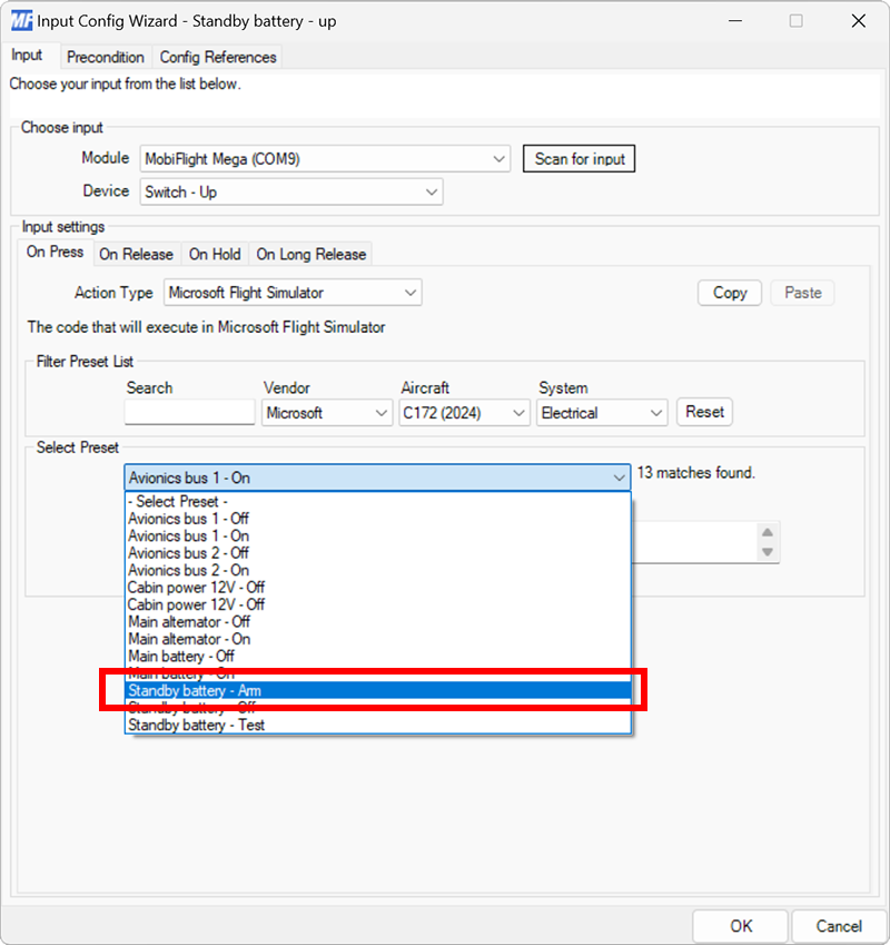 Screenshot of the input tab on press event with the Standby battery - Arm preset selected.