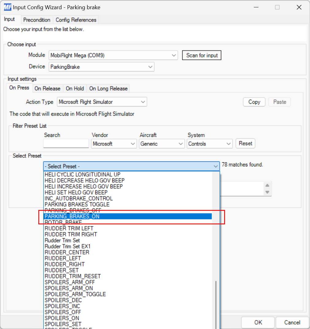 Screenshot of the input tab on press event with the PARKING_BRAKES_ON preset selected.