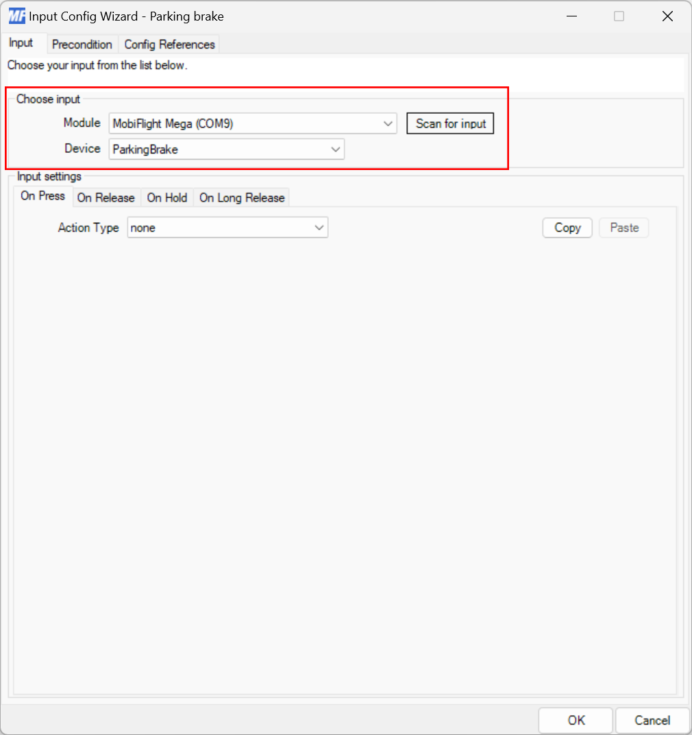 Screenshot of the input configuration dialog with a board and switch selected.