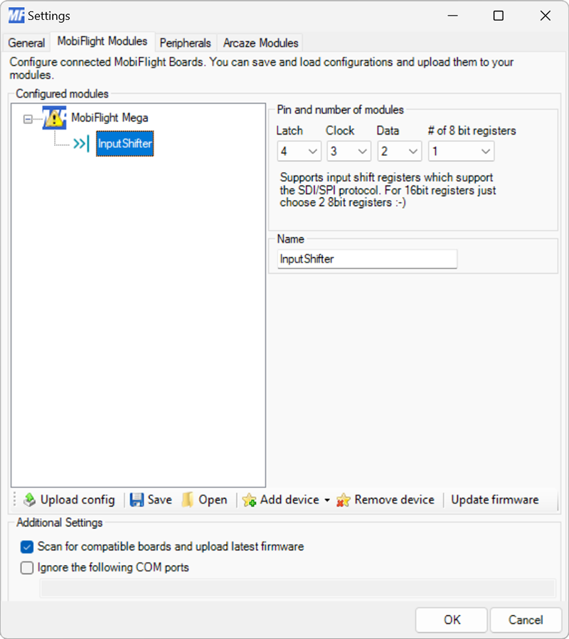 Screenshot of the settings for an input shift register, with pin 2, 3 and 4 selected, one 8-bit group, and InputShifter as the name.