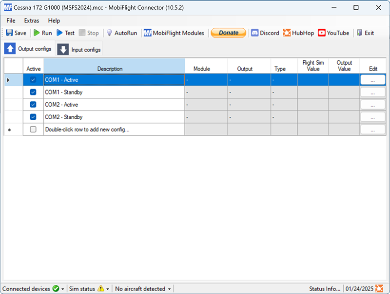 Screenshot of the output tab in the main window four output configurations defined for COM1 and COM2 active and standby frequencies.