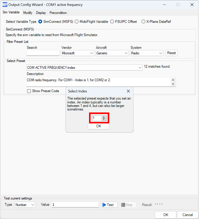 Screenshot of the Select Index dialog with an index of 1 set.