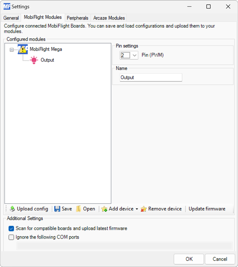 Screenshot of the settings for an LED, with pin 2 selected and Output as the name.