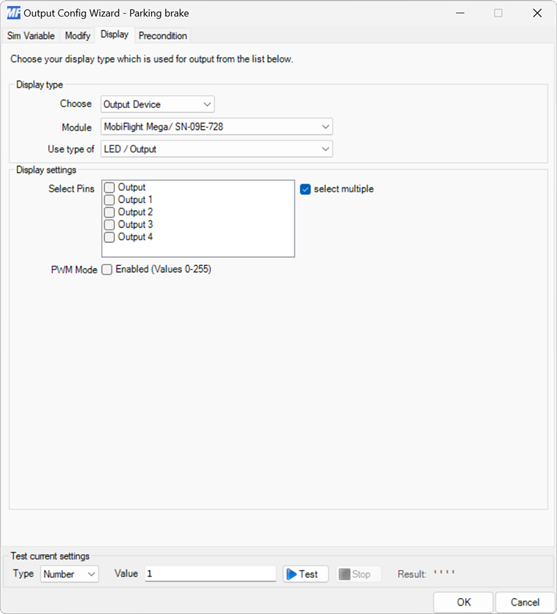 Screenshot of the Display tab with the LED output type selected for multiple outputs.