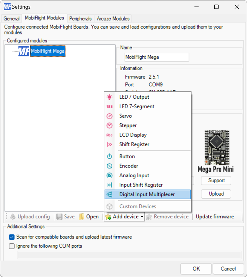 Screenshot of the menu open with the Digital Input Multiplexer item highlighted.