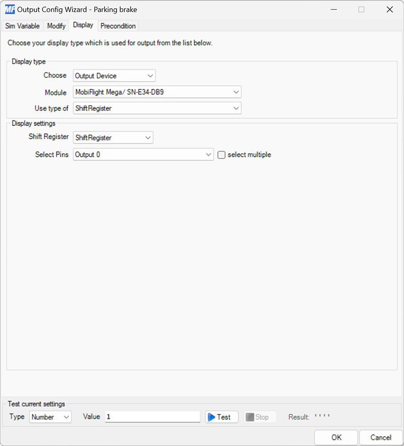 Screenshot of the display tab in the output dialog with an output shift register selected in the Shift Register dropdown and Output 0 selected in the Select Pins dropdown.