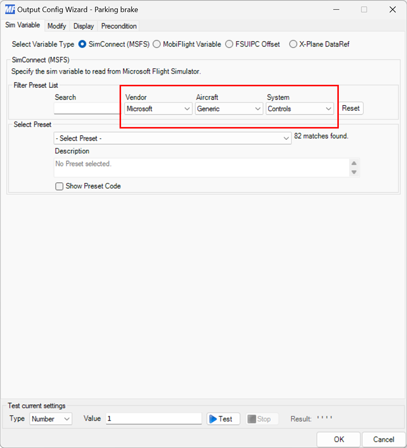 Screenshot of the sim variable tab in the output dialog filtered by Microsoft / Generic / Controls.