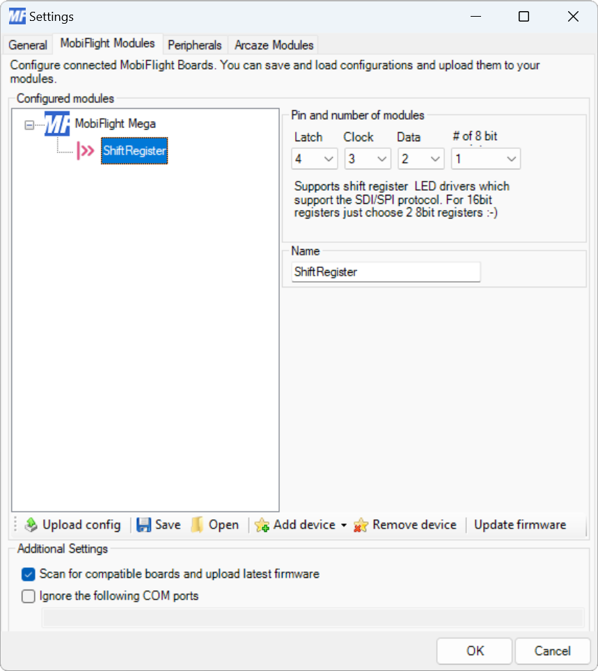 Screenshot of the Modules dialog with the output shift register configuration showing.