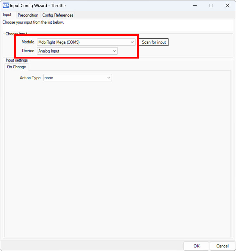 Screenshot of the input configuration dialog with a board and potentiometer selected.