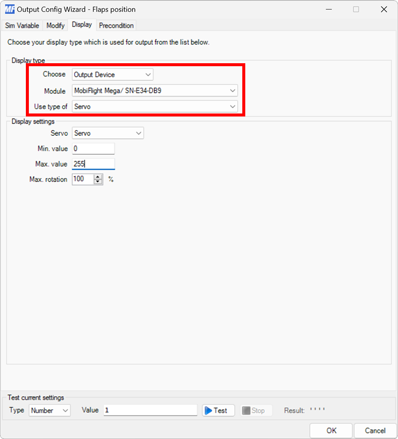 Screenshot of the display tab in the output dialog with a board and Servo type selected.