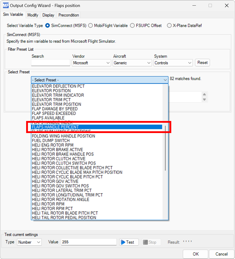 Screenshot of the sim variable tab in the output dialog with the FLAPS HANDLE PERCENT preset selected.