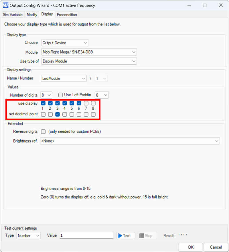 Screenshot of the display tab in the output dialog with use display boxes one through six checked and set decimal point three checked.