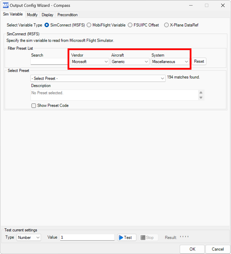 Screenshot of the sim variable tab in the output dialog filtered by Microsoft / Generic / Miscellaneous.