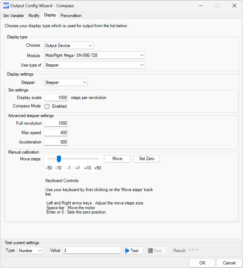 Screenshot of the Display tab with the stepper output type selected.