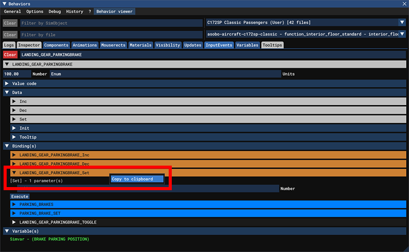 Screenshot of the Behaviors dialog InputEvents tab with the context menu open on the LANDING_GEAR_PARKINGBRAKE_Set binding and Copy to Clipboard highlighted.