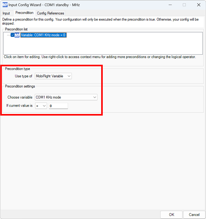 Screenshot of the precondition tab with the COM1 KHz mode variable selected and the precondition set to = 0.