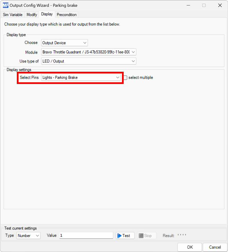 Screenshot of the display tab in the output dialog with an LED output selected in the select pins dropdown.