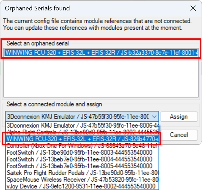 Screenshot of the orphaned serials dialog with an orphaned WINWING device highlighted in red, and the appropriate replacement device highlighted in red.