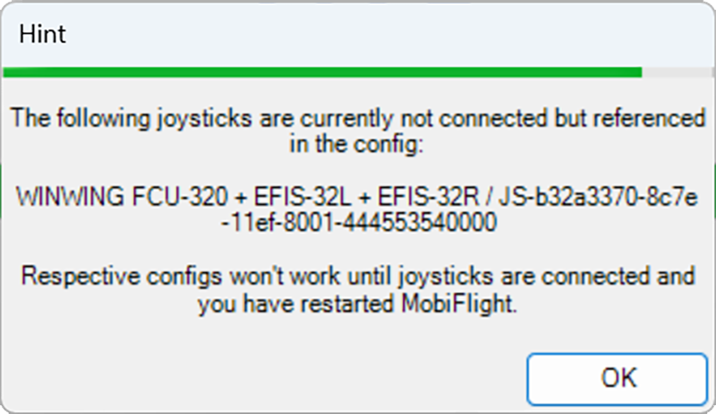 Screenshot of the orphaned device warning dialog indicating the WINWING joystick in the profile is not found.