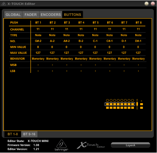 Screenshot of the Behringer X-Touch Editor with the button type set to Note.