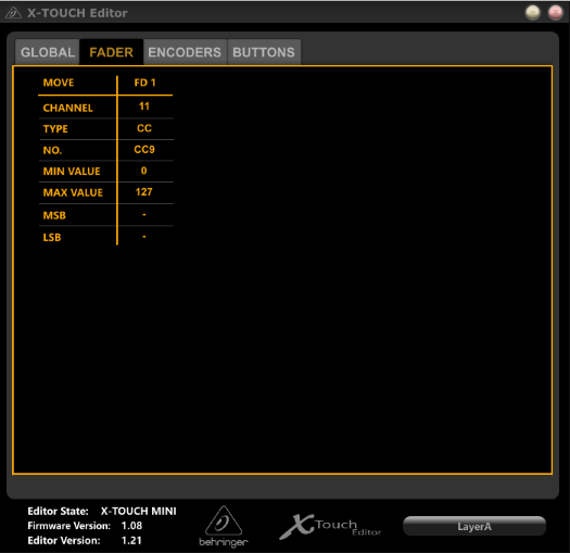 Screenshot of the Behringer X-Touch Editor with the fader type set to CC.