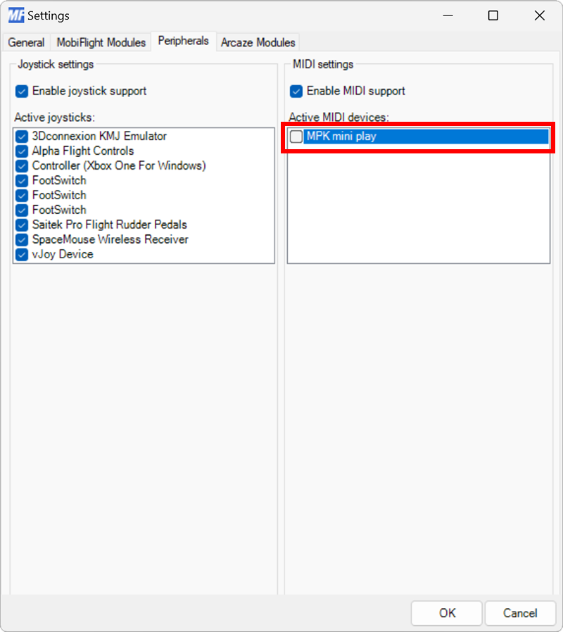 Screenshot of the Peripherals tab in Settings with the MPK mini play device unchecked.
